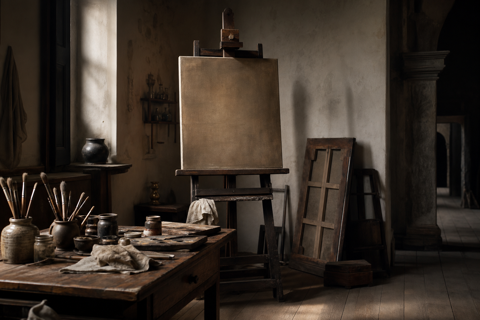 Atmosphärisches Ateliermotiv mit warmem Seitenlicht und Materialien der Malerei des 17. Jahrhunderts.