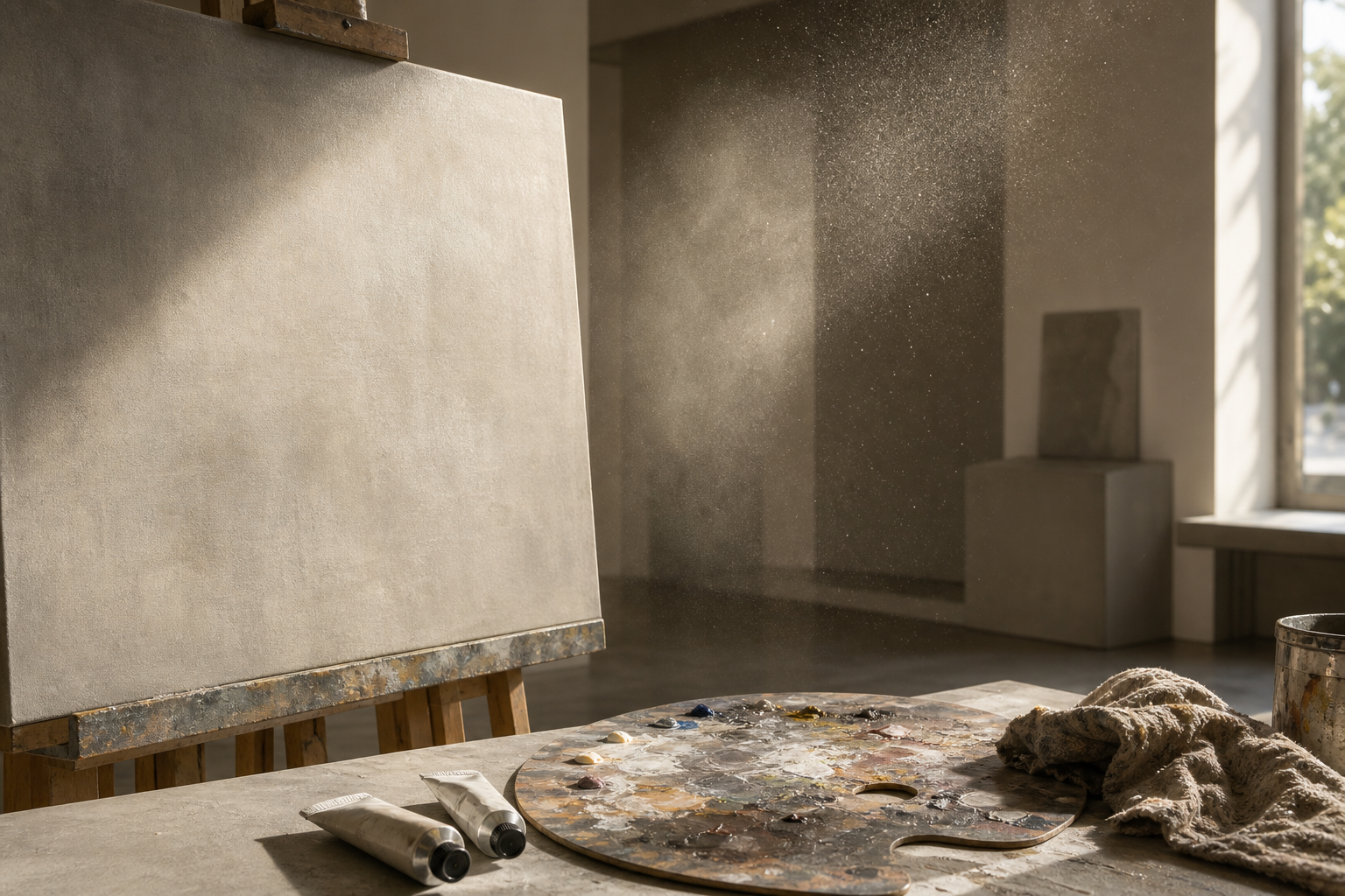 Atelierstillleben mit Palette, Farbtuben und feinem Acrylsprühnebel