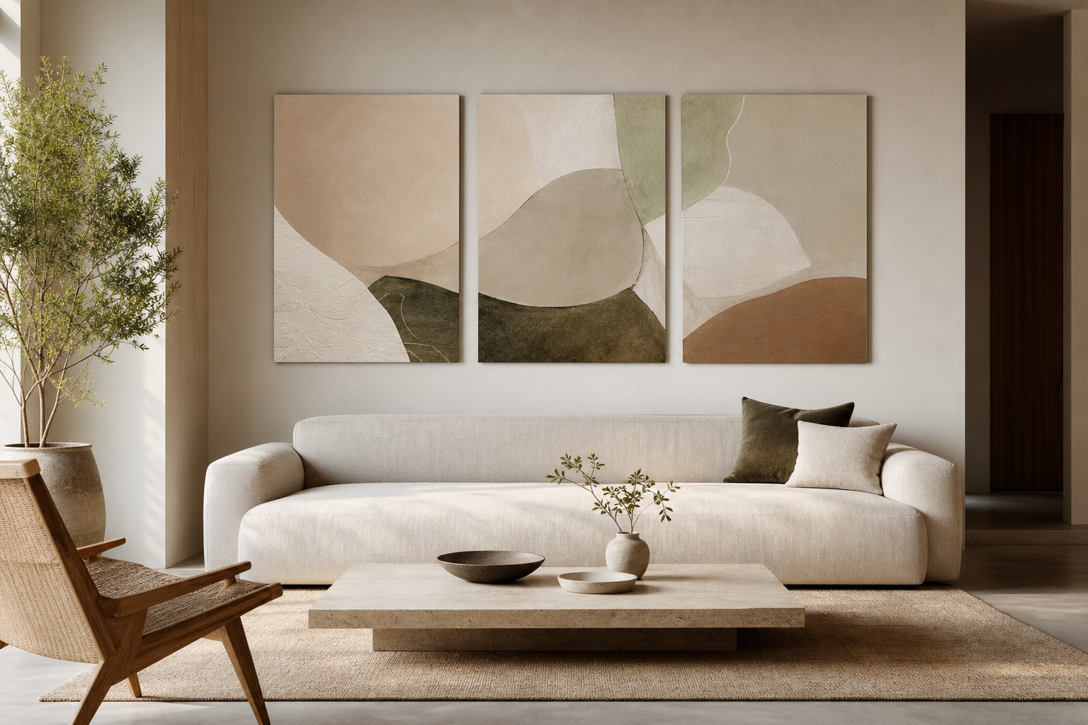 Modernes Wohnzimmer mit dreiteiliger Wandkunst über einem Sofa