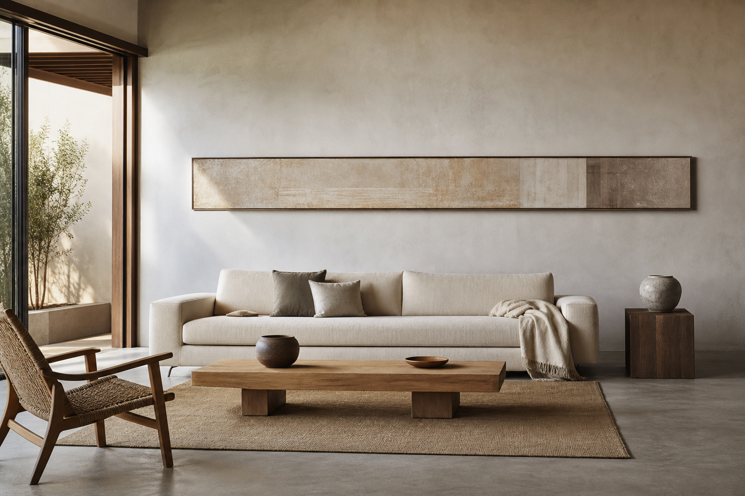 Moderner Wohnraum mit horizontalem Bildstreifen über einem Sofa